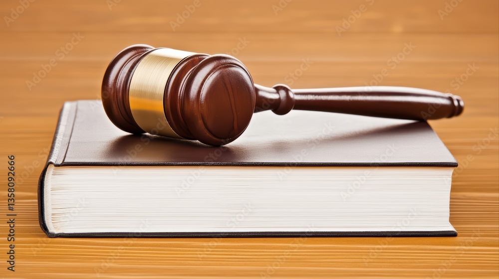 Obraz premium Wooden gavel on top of law book on wooden surface