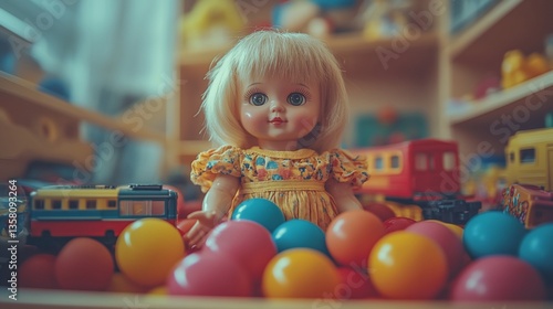 Vintage doll amidst colorful balls and toy trains