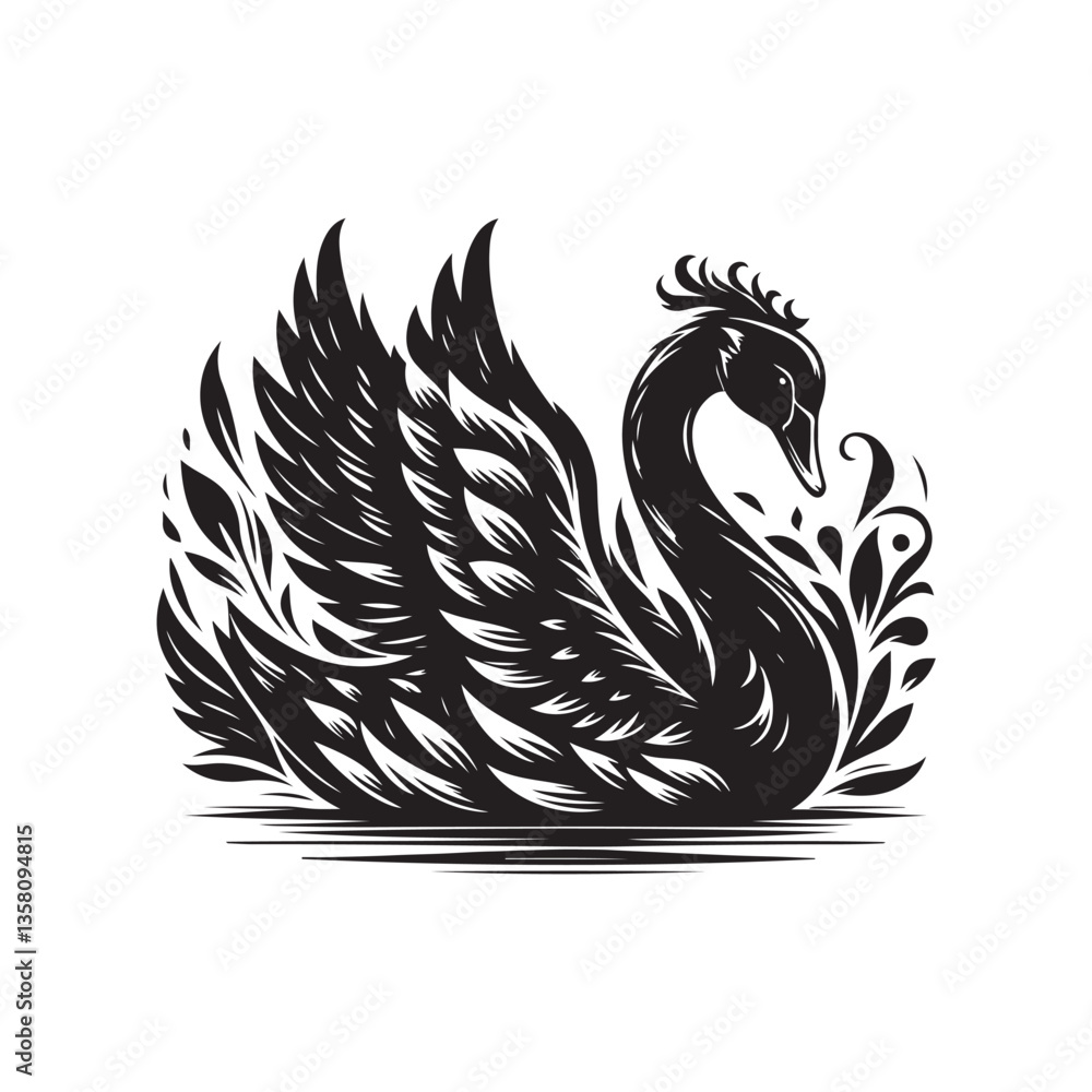 Obraz premium Black Color Swan Silhouette Vector Illustration, Solid White Background