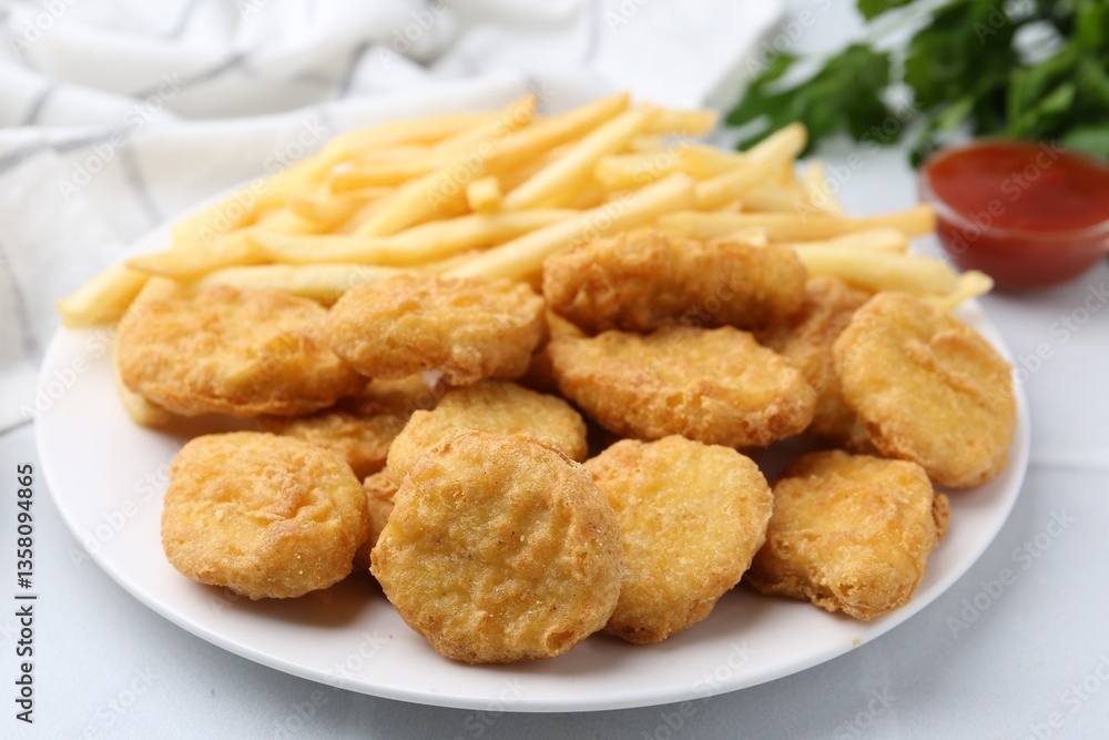 Tasty chicken nuggets and french fries with sauce on white tiled table, closeup Tasty chicken nuggets and french fries with sauce on white tiled table, closeup