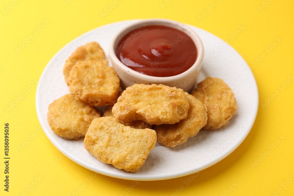 Tasty chicken nuggets with sauce on yellow background, closeup Tasty chicken nuggets with sauce on yellow background, closeup