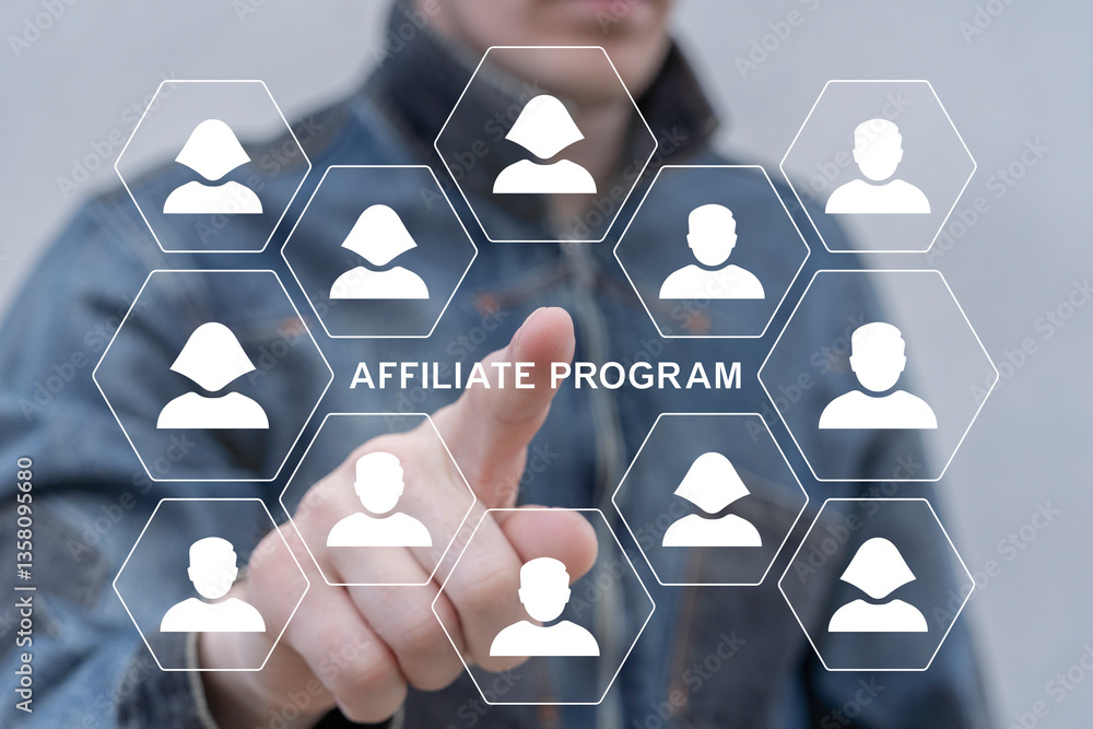 Person using virtual touch screen push inscription: AFFILIATE PROGRAM. Affiliate marketing program concept. Refer a friend. Partnership marketing in social media.