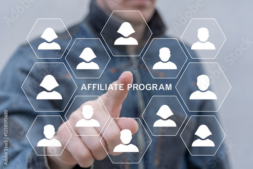 Obraz na płótnie Person using virtual touch screen push inscription: AFFILIATE PROGRAM. Affiliate marketing program concept. Refer a friend. Partnership marketing in social media. w salonie