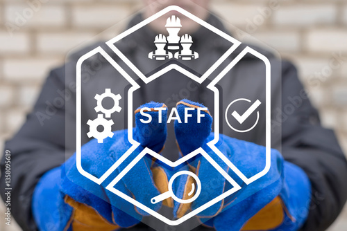 Obraz na płótnie Professional master using virtual touch screen push word: STAFF. Industrial Staff concept. Professional Team Engineer Worker Work Industry Staffing. HR on manufacturing. w salonie