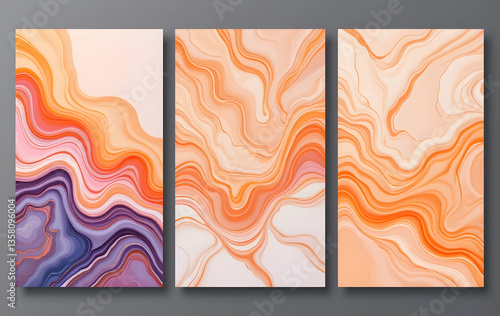Abstract orange marble background. Colorful abstract geometric background. Liquid dynamic gradient waves. Fluid marble texture. Modern covers set.