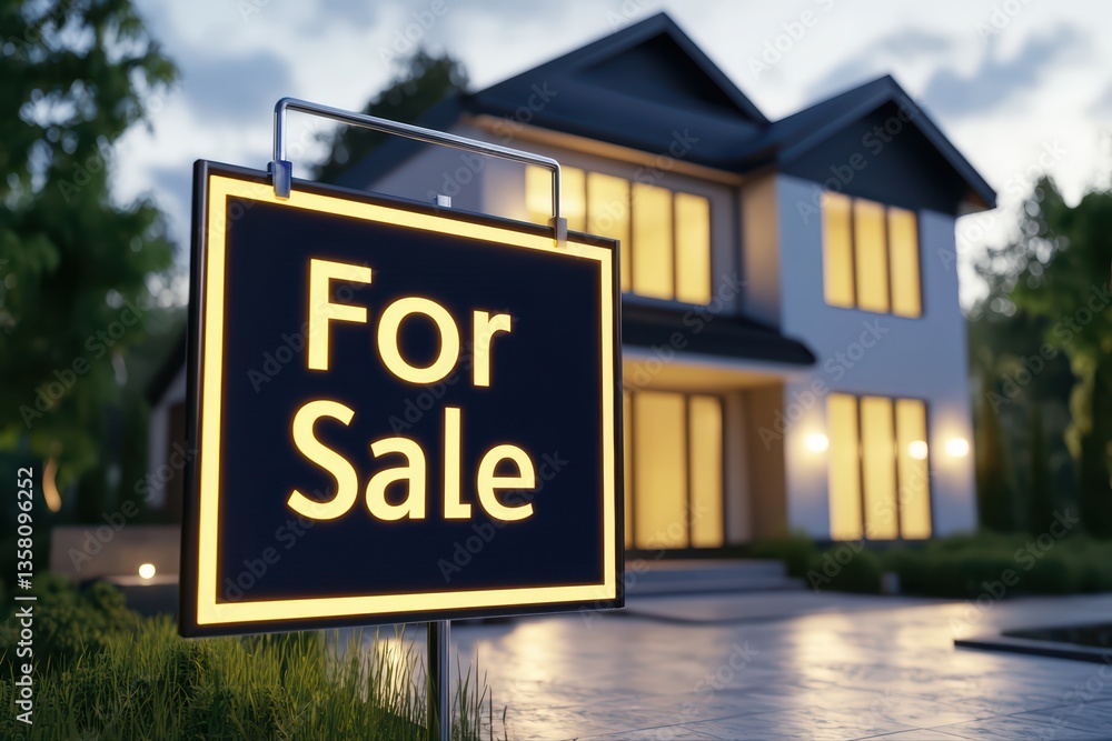 Fototapeta premium Modern house for sale with illuminated signage
