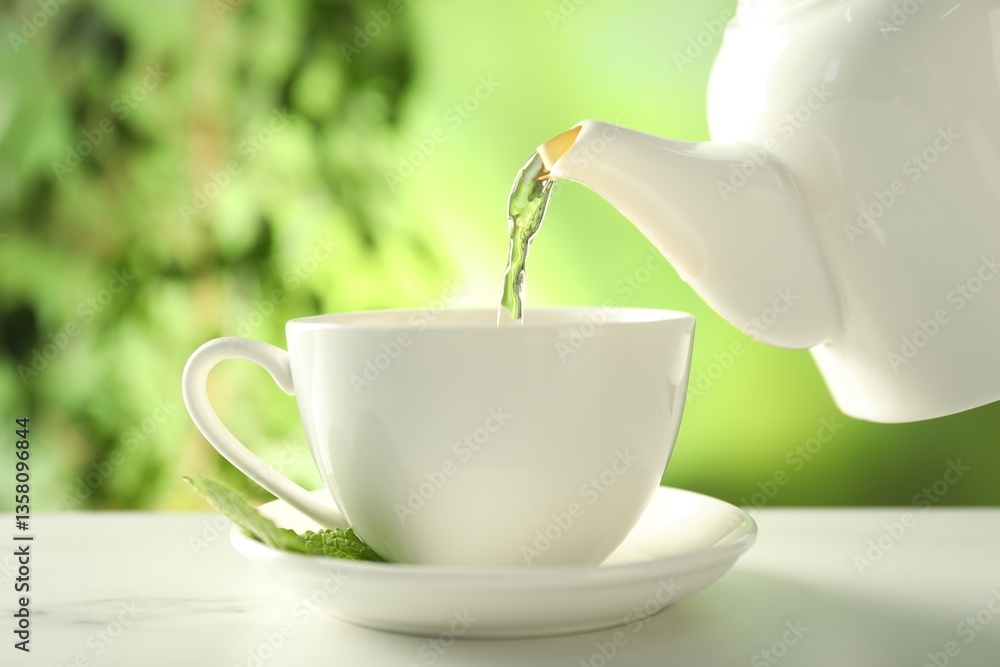 Fototapeta premium Pouring freshly brewed tea from teapot into cup at white marble table outdoors, closeup