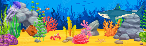 Underwater landscape for game background with giant shark animal, cartoon vector. Underwater world game landscape with shark and undersea fishes, jellyfish or starfish and funny crab in seaweeds