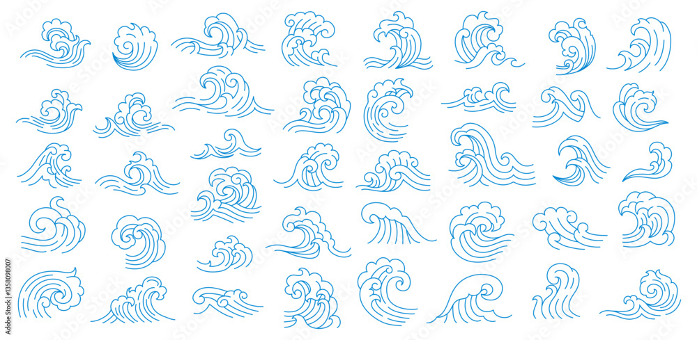 Ocean sea asian japanese and chinese wave icons. Vector line art graphic waves with vintage oriental pattern of blue water splashes and swirls. Asian beach surf, ocean tsunami or storm icons set