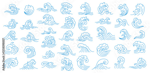 Ocean sea asian japanese and chinese wave icons. Vector line art graphic waves with vintage oriental pattern of blue water splashes and swirls. Asian beach surf, ocean tsunami or storm icons set