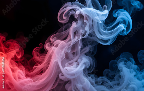 Abstract texture of backlit smoke in red, blue on a black background. White smoke or fog isolated on black background. Abstract texture of backlit smoke in red, blue on a black background 