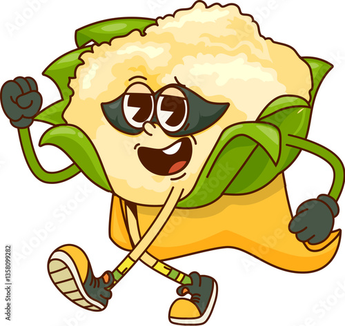 Cartoon groovy cauliflower superhero character in super power cape, vector vegetable. Funny groovy cauliflower superhero in rescue ranger costume in mask for kids cute hero cartoon character