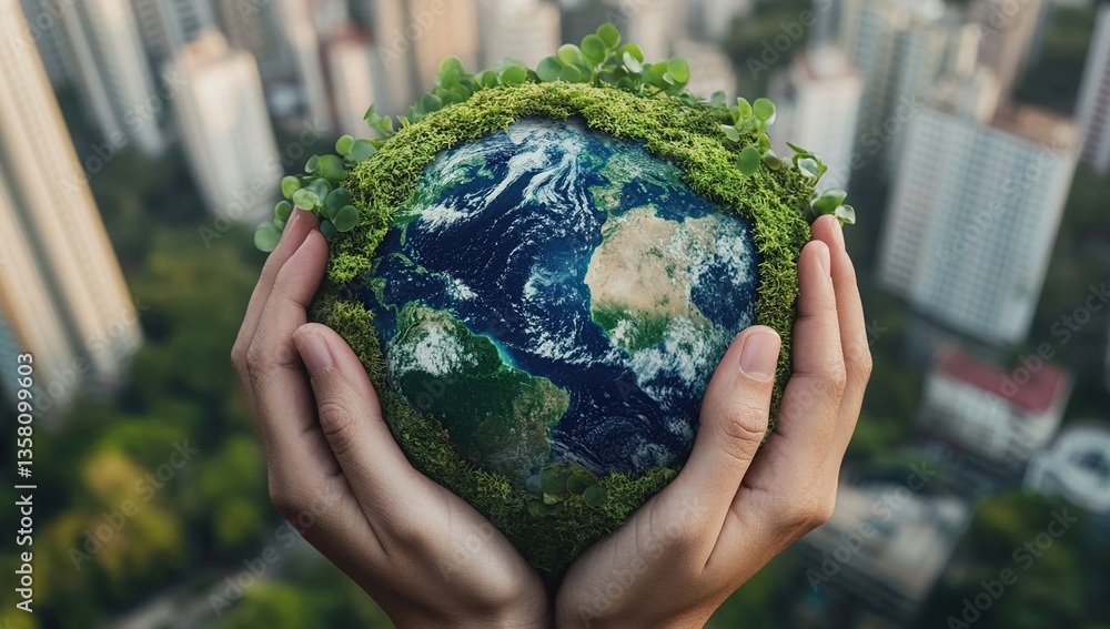 Hands Holding a Green Earth Against a City Skyline Hands Holding a Green Earth Against a City Skyline