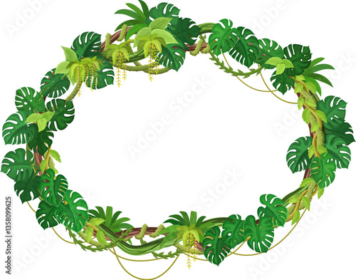 Jungle tropical forest liana frame with green leaves and plants, vector ivy branches. Round circle liana frame of tropical green plants with monstera leaves of hedera tendrils and jungle tree branches