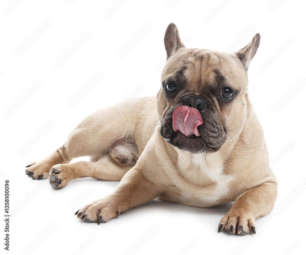 Fototapeta premium Adorable French bulldog dog lying on white background
