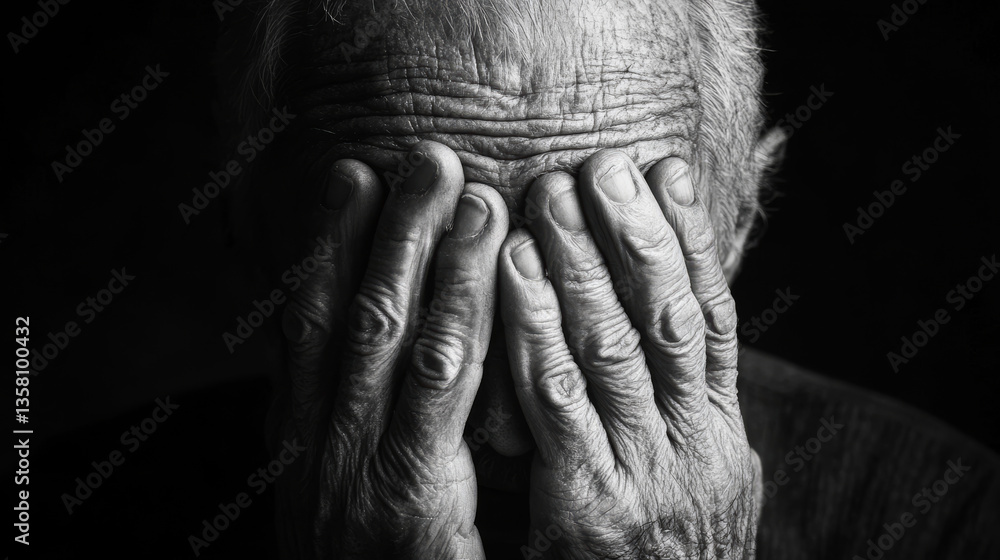 Fototapeta premium Close-up Portrait of Elderly White European Man Covering Face With Both Hands in Despair, Highlighting Wrinkles, Aging, and Emotional Struggle in Low Light Black Background