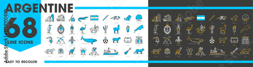 Argentine travel and landmark line icons of Argentina map, flag and coat of arms. Vector outline South America tango, soccer, food and culture symbols. Argentinian gaucho, mate tea, waterfall and wine