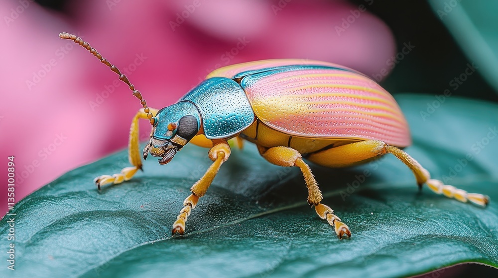 Fototapeta premium Colorful beetle on leaf, pink flowers blurred background, nature macro, stock photo