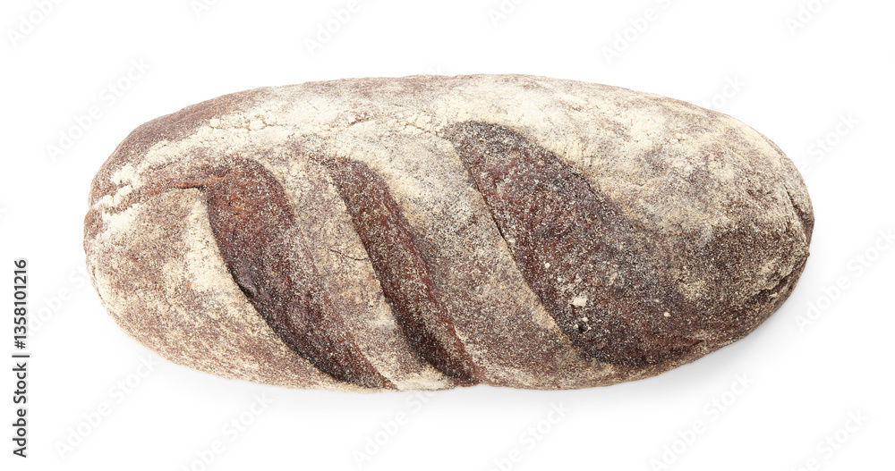 Obraz premium Whole loaf of freshly baked bread isolated on white, top view