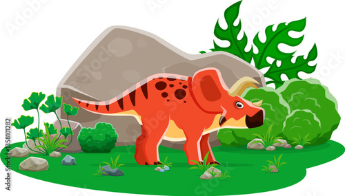 Arrhinoceratops prehistoric cartoon dinosaur. Isolated vector triceratops like dino with red skin and horns, stands at lush Jurassic era landscape with large rocks, plants and bushes on a green field