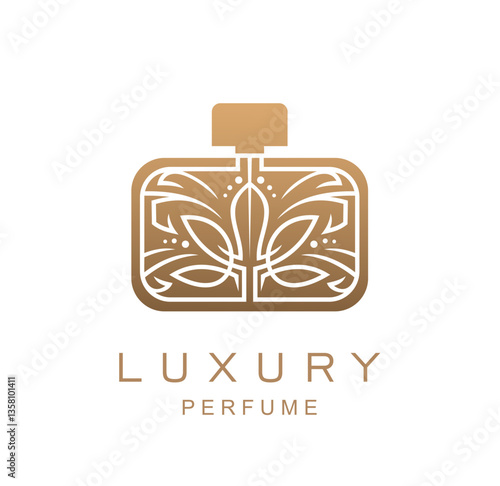 Perfume bottle icon for luxury perfumery or fragrance store, vector golden sign. Perfume bottle emblem with flower ornament and floral lines for premium perfumery brand or luxury boutique badge