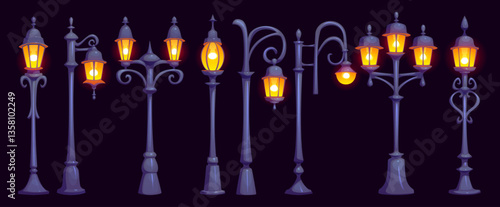 Cartoon old light post and streetlight, street light pole. Vector vintage lamps glowing. Lampposts with metal columns, multiple lanterns and elegant aesthetic, nostalgic nighttime city illumination