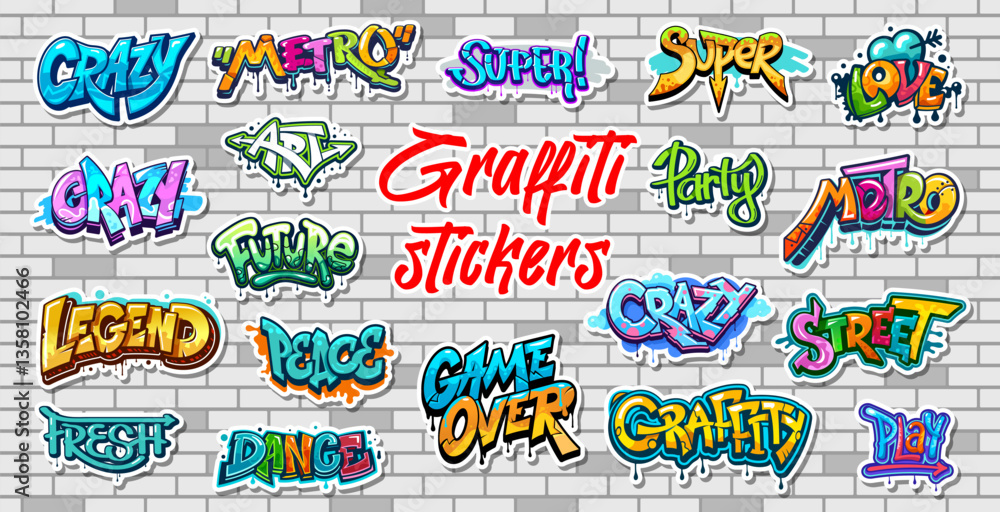 Urban style graffiti street art stickers pack at brick wall vector background. Color spray graffiti texts and cool street art tags set with paint drips, blots and splatters, pierced love heart, arrows