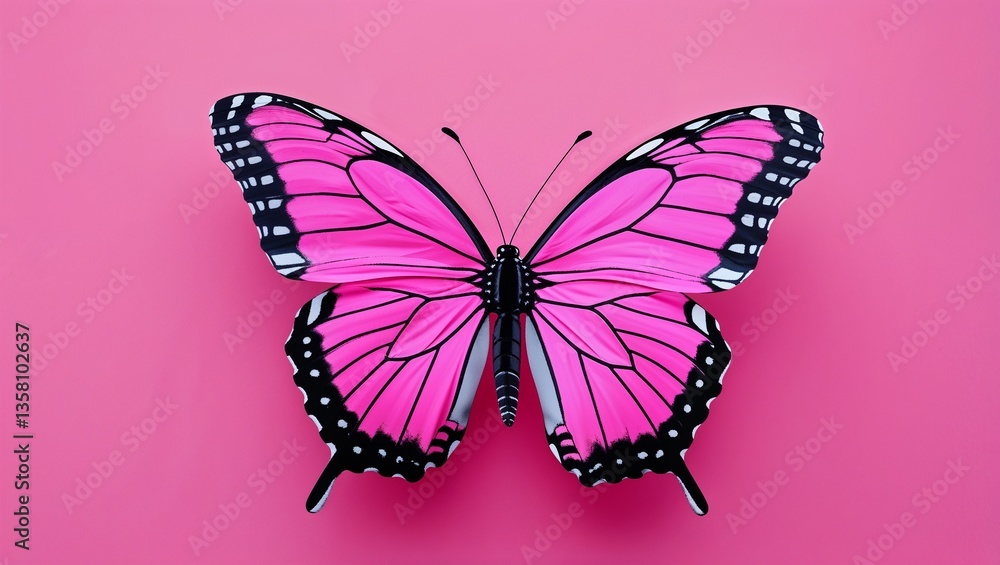 Fototapeta premium Bright pink butterfly with black markings on pink background