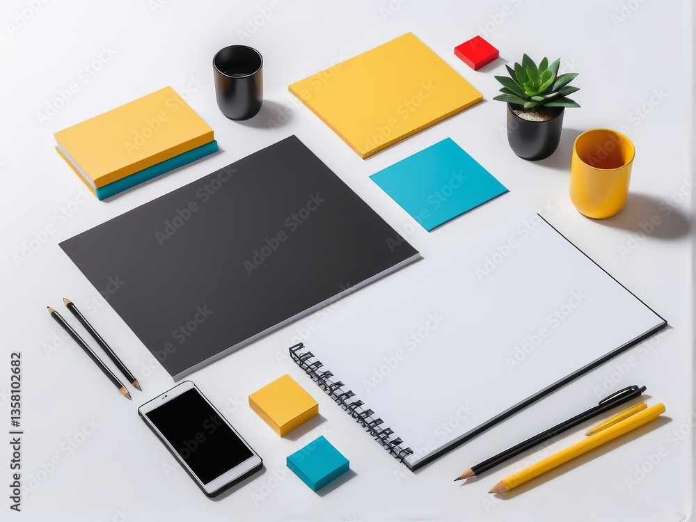 blank notepad with stationery , pen and coffee cup . top view flat lay blank notepad with stationery , pen and coffee cup . top view flat lay