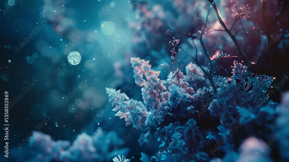 Fototapeta premium Enchanted Forest: Dreamy Blue Foliage And Magical Bokeh Light - Stock Photo