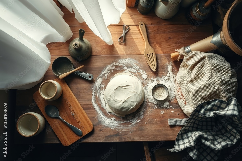 Fototapeta premium Rustic Tabletop with Dough, Flour and Traditional Utensils for Easter Bread Preparation