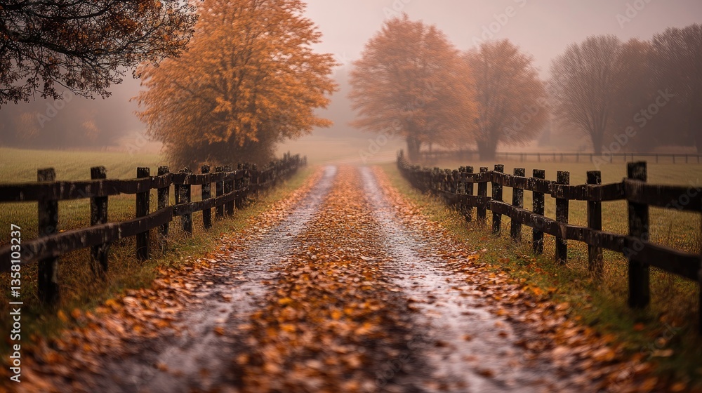 Obraz premium Autumn fog path through trees and fields. Possible use nature wallpaper