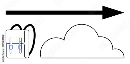 Backpack next to a cloud with a bold arrow pointing forward. Ideal for travel, education, exploration, progress, direction, determination, adventure. Flat simple metaphor