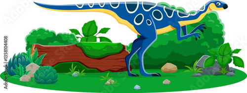 Hypsilophodon prehistoric dinosaur cartoon character. Isolated vector ancient herbivore ornithopod reptile animal in natural environment with rocks, log and plants. Cretaceous paleontology era lizard