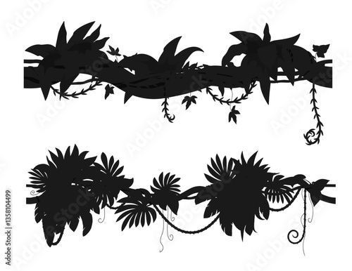 Amazon rainforest jungle creeper liana branch silhouette. Amazon rainforest nature creeper liana branch silhouette, African rain forest jungle shrub isolated vector shape. Tropical forest vine leaves