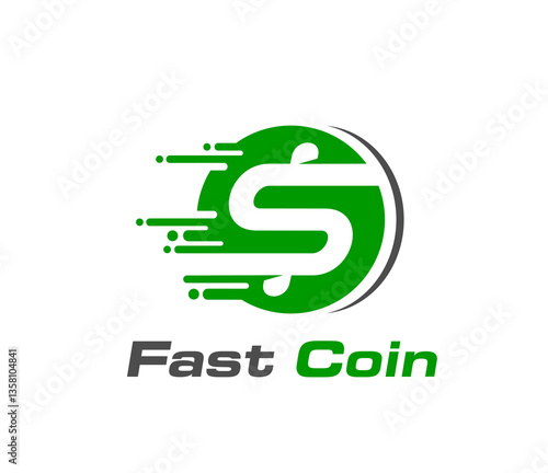 Fast coin icon for quick money transfer, cash exchange or pay and credit, vector sign. Dollar coin in fast speed motion for online money transfer or bank loans and crypto currency or digital wallet