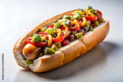 chicago-style hot dog in white background