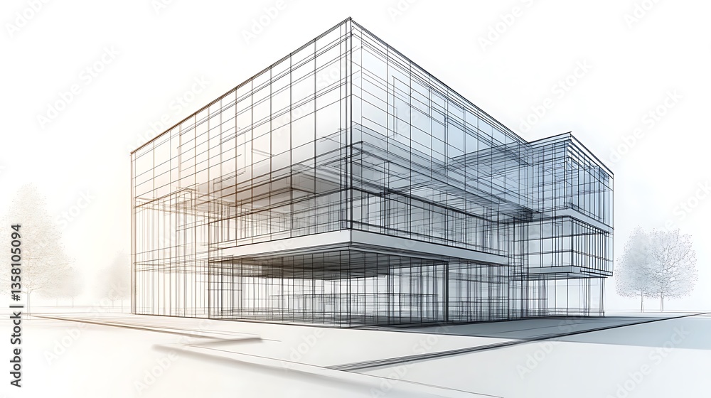 Modern commercial building architectural drawing showcasing structural and floor plan image Modern commercial building architectural drawing showcasing structural and floor plan image