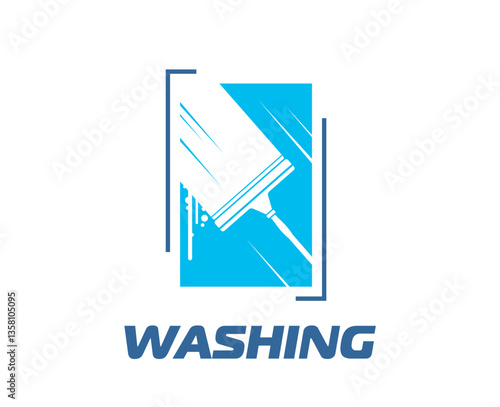 Window washing and cleaning service icon with squeegee and glass, vector symbol. Home cleaning and house windows wash and professional maintenance service emblem with detergent and squeegee scraper