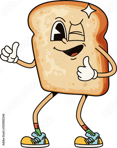 Funny groovy toast bread cartoon character winking with funny smile, vector comic emoji. Groovy sandwich toast bread slice with happy face, thumb up and silly winking for bakery cartoon character