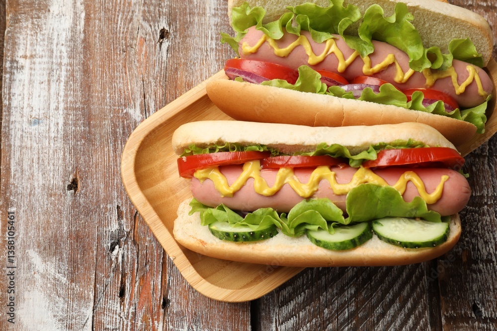 Fototapeta premium Tasty hot dogs on wooden table, top view