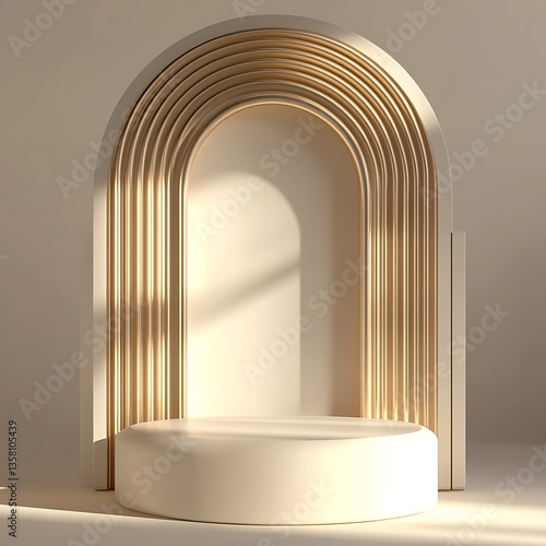 아치형 디자인과 조명을 활용한 크림 톤의 미니멀한 포디엄, AI 생성