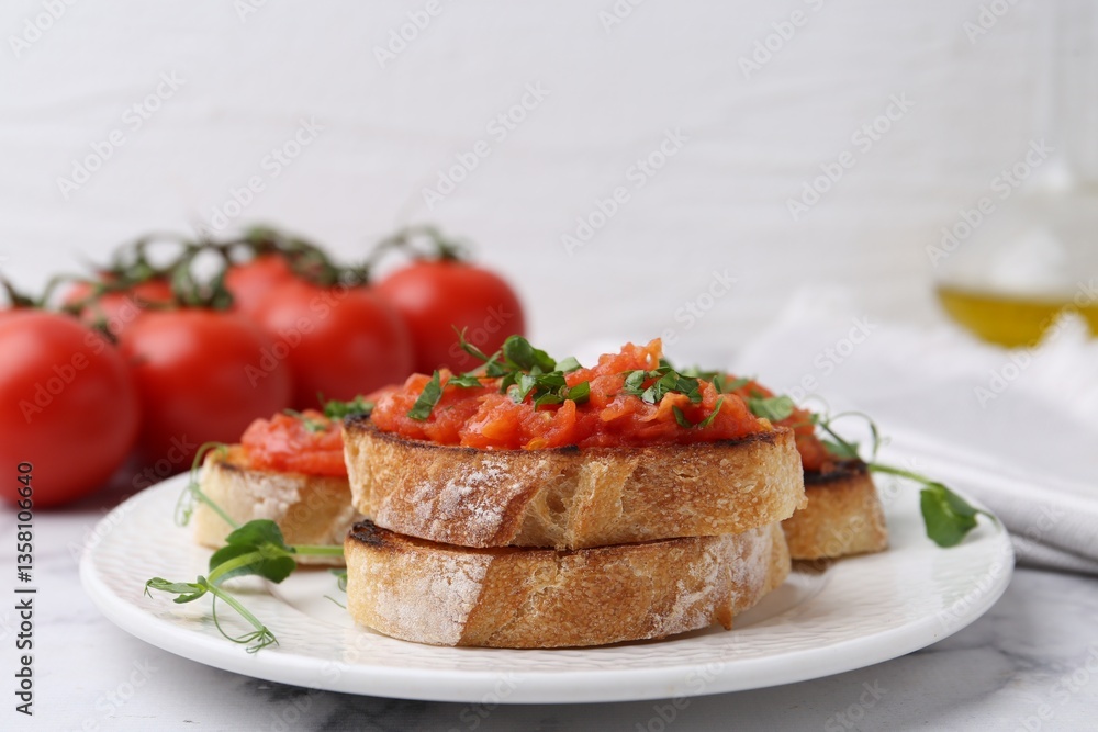 Tasty bread with tomatoes and parsley on white marble table, closeup Tasty bread with tomatoes and parsley on white marble table, closeup