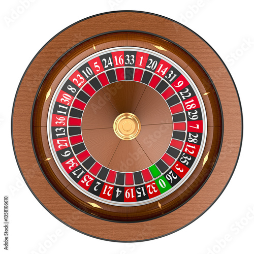 Casino Roulette, top view. Professional roulette wheel, 3D rendering isolated on transparent background
