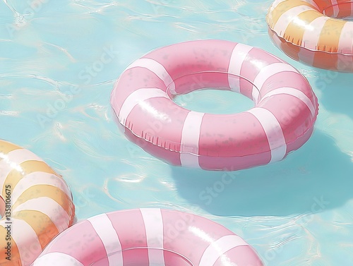 Pink and white striped pool floats floating in the water
