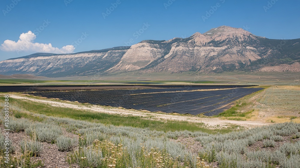 Fototapeta premium Agricultural Field With Black Plastic Mulch And Mountain Background