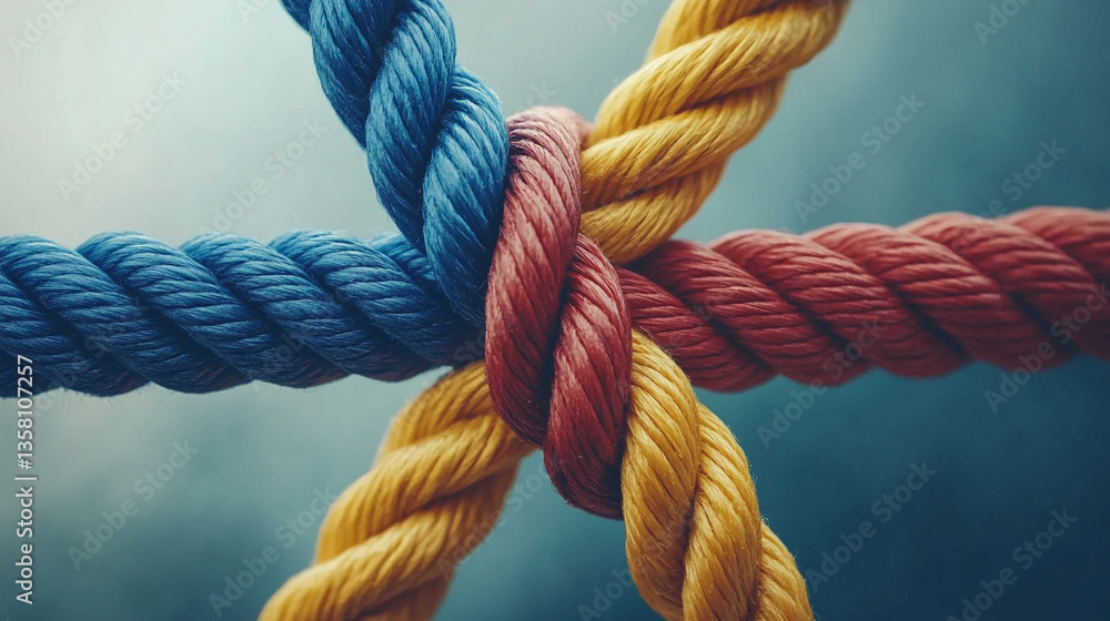 Different colored ropes tied in tight knots represent teamwork, struggle, and modern challenges, symbolizing unity, tension, collaboration, and overcoming obstacles together Different colored ropes tied in tight knots represent teamwork, struggle, and modern challenges, symbolizing unity, tension, collaboration, and overcoming obstacles together