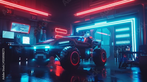 Futuristic vehicle parked inside garage with vibrant neon lights, creating cool, stylized atmosphere