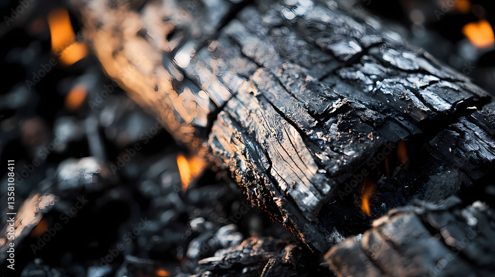 Close-up of burnt wood and ashes, charred remains debris. Charred Remains. Illustration Close-up of burnt wood and ashes, charred remains debris. Charred Remains. Illustration