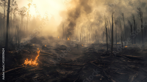 The charred remains of a once-thriving forest stand as a testament to the devastation caused. Charred Remains. Illustration